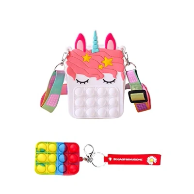 Imagen de 2 en 1 Bolso Unicornio Antiestrés + Llavero Monedero con Pompas de Silicona. Bandolera Niña Correa Ajustable