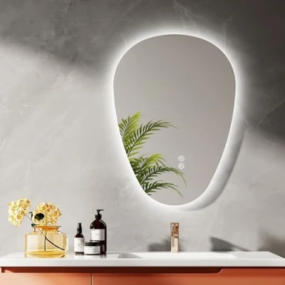 Imagen de EMKE Espejo de Baño con Iluminación, 70 x 50 cm, LED Asimétrico, Interruptor Táctil, 3 Colores Luz Ajustables, Anti Vaho