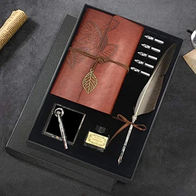 Imagen de Juego pluma y tinta, caligrafía antigua, incluye pluma, 5 puntas, base, cuaderno, caja regalo, mejor para él hombres papá.