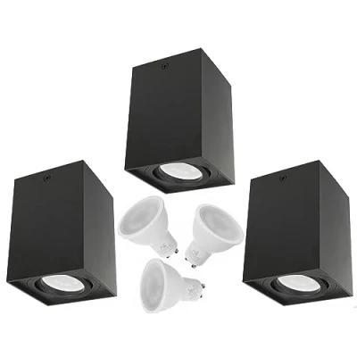 Imagen de Maclean MCE Foco de Techo Orientable con Casquillo GU10 para Lámparas LED y Halógenas Hasta 40W Aluminio IP20 (Negro, 3x uds Cuadrado + Bombilla LED)