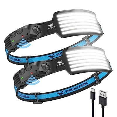 Imagen de Smiling Shark Linterna Cabeza, 2 Pack 6*Tiras Luz LED Blanco de la Frontal Más Brillante Recargable Sensor Movimiento Impermeable Camping Ciclismo, Cabeza Light