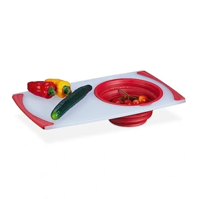 Imagen de Relaxdays Tabla de Cortar con Colador Plegable, Picar y Escurrir, Plástico, Antideslizante, 50x29cm, Blanco Rojo