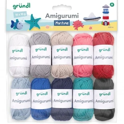 Imagen de Gründl Juego de lana Amigurumi Mini ovillos para ganchillo figuras pequeñas 100% algodón Hilo 10 x g/23 m Maritim