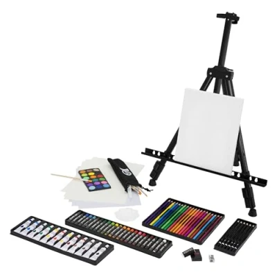 Imagen de ECD Germany Estuche de Pintura XXL 140 Piezas con Maletín Transporte Kit Arte Portátil Profesional Incluye Caballete Aluminio, Lápices colores, Lienzo, Pinceles, Acuarelas y Tiza pastel