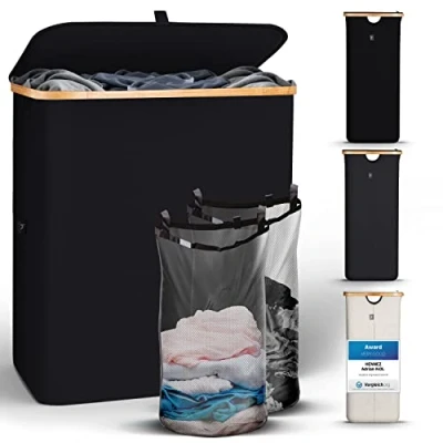 Imagen de Hennez Cesto Ropa Sucia con Tapa de 140L Color Negro Cubo y Bolsa Extraíble Cesta Plegable para la Colada el Baño Pongotodo Organizador Bambu
