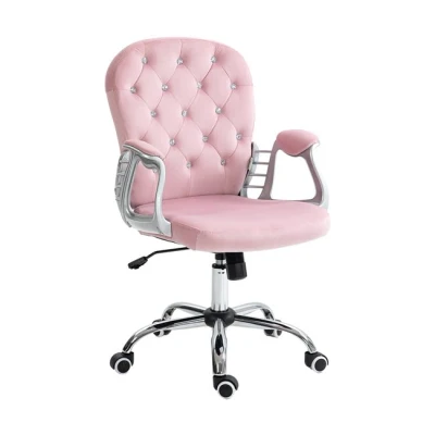 Imagen de Vinsetto Silla de Escritorio Tapizada en Terciopelo Giratoria con Altura Ajustable Reposabrazos y Decoraciones Diamantes Carga 120 kg para Estudio Dormitorio 59,5x60,5x93 103 cm Rosa