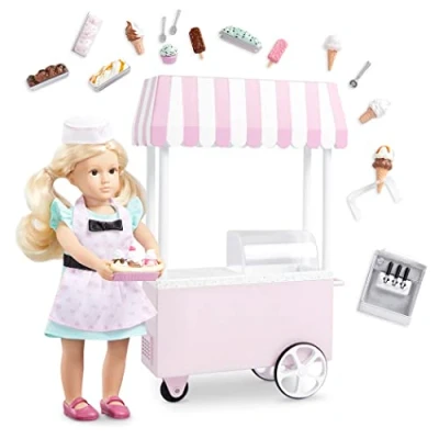 Imagen de Lori Barbie Mini Doll Clothes Accessories 6 Inch Dolls Scoops, Cones, Soft Serve, Popsicles Toys for Kids 3 Years + Evelina&#039;s Ice Cream Cart, Multicolor, S (Maison Battat Inc. LO31184Z)