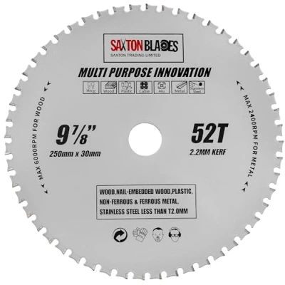 Imagen de TCT25052TMPT Saxton TCT Hoja de sierra circular multiusos (250 mm x 52 dientes, para madera y metal, compatible con Bosch, Dewalt, Ryobi, Makita, etc