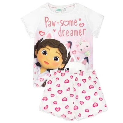 Imagen de Conjunto de Pijama Blanco Gabbys Dollhouse Pijamas Gabby y Pantalones Cortos para niños Diseño Gato Paw Some Dreamer Merchandising Oficial Ropa Estar por casa acogedora