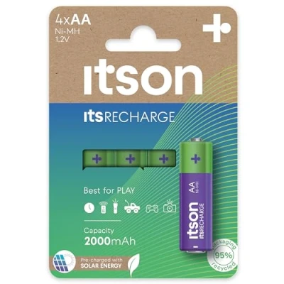 Imagen de ITSON, Pilas Recargables AA, Paquete de 4, precargadas, Capacidad mínima 2000 mAh, Embalaje con 95% Materiales reciclados, batería Recargable, Made in Japan