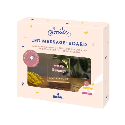 Imagen de moses. Smile pizarra de mensajes LED transparente con 3 rotuladores aluminio, iluminada para letra, luminosa cable textil USB A