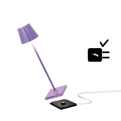 Imagen de Zafferano Poldina Pro Micro Lámpara LED Inalámbrica Recargable, Temperatura color 2200 2700 3000K, IP65 Uso Interior/Exterior, Aluminio H 27.5cm con Multicargador USB (EU/UK/US) Lila