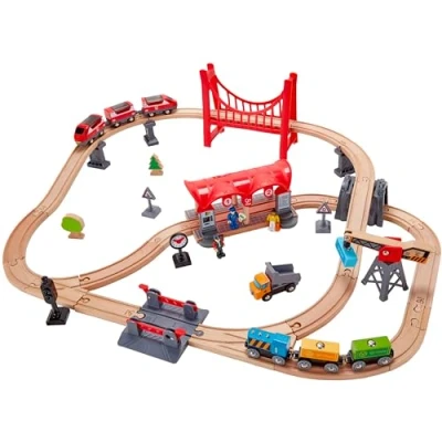Imagen de Hape Busy City Train Rail Set , Complete Themed Wooden Toy for Toddlers with Passenger Train, Freight Station, Play Figurines and More