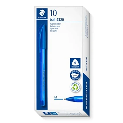 Imagen de STAEDTLER Bolígrafo triangular, color de escritura azul, ancho línea M aproximadamente 1,0 mm, para una relajada, 10 bolígrafos azules en estuche cartón, 4320 3