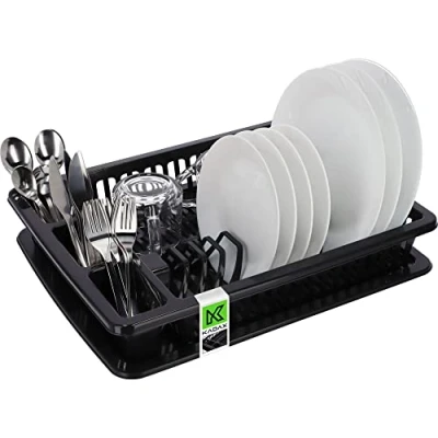 Imagen de KADAX Escurreplatos de plástico con cesta para cubiertos, 46,5 x 37 8,3 cm, bandeja goteo, soporte platos, vasos, cubiertos (antracita)