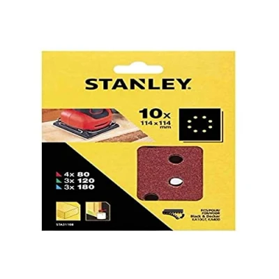 Imagen de STANLEY STA31108 XJ 10 hojas de lija perforadas. 1/4 (114 x 114mm). Grano surtido. 4 G 80, 3 120 y 180. Autoadherentes. Madera, pintura barniz.
