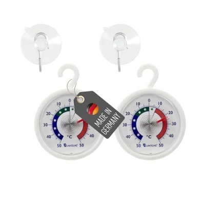 Imagen de Lantelme 2 unidades de termómetros para nevera bimetálicos, ventosa y almohadilla adhesiva, diámetro 5,2 cm, color blanco, escala colores, temperatura analógica 50 C a C, congelador