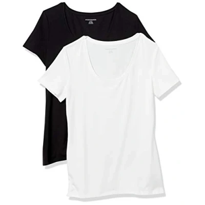 Imagen de Amazon Essentials Camiseta de Manga Corta con Cuello Redondo y Corte Clásico (Disponible en Tallas Grandes) Mujer, Pack 2, Negro/Blanco, S