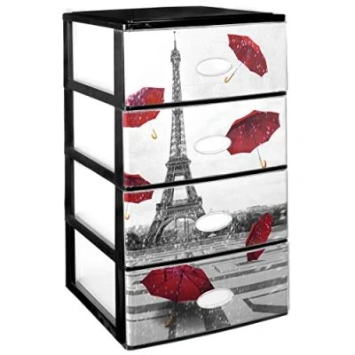 Imagen de COM FORT HOUSE Cajonera Apilable de Plástico Efecto Cristal Modelo Paris Color Negro 4 Cajones Almacenamiento Modular (380 x 370 626 mm)