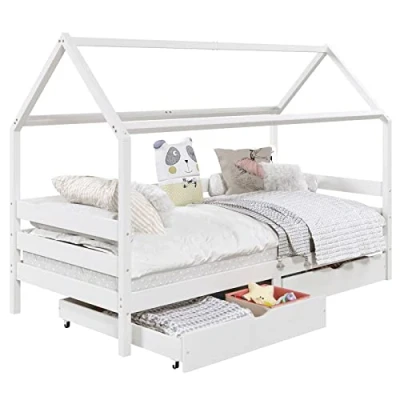 Imagen de IDIMEX cama Clia de pino macizo en color blanco, Montessori con techo 90 x 200 cm, cuna estable 2 cajones