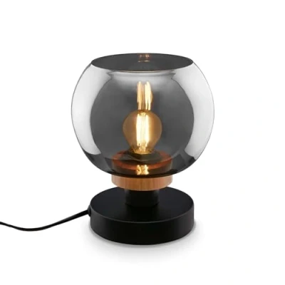 Imagen de BRILONER lámpara de noche, cristal ahumado, escritorio con interruptor cable, mesa E14 para oficina en casa, lectura, madera negra
