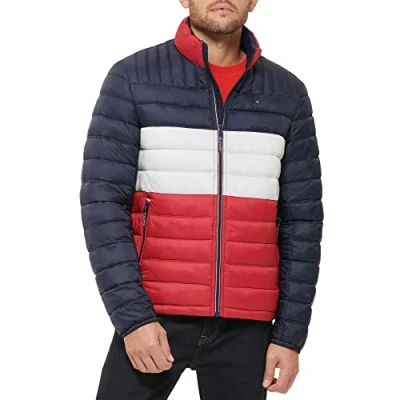 Imagen de Tommy Hilfiger Ultra Loft Chaqueta acolchada ligera y plegable para hombre (estándar grande alto), Midnight/Ice/Red Colorblock, X Large