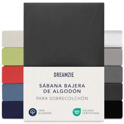 Imagen de Dreamzie Sabanas 140x200 cm 160x200 cm, Sabana Bajera para Colchones de hasta 15 Altura, 100% Algodon 150 g/m² Negro Certificada sin Productos Químicos (Oeko Tex)