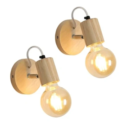 Imagen de Comely 2 piezas lámpara de pared en madera natural, vintage, E27 Iluminación interna para dormitorio cama, sala estar, pasillo, 10x10x13cm (Lámpara no incluida)