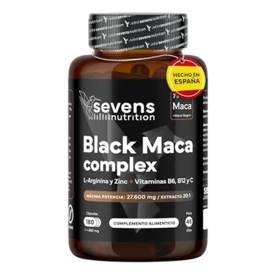 Imagen de Maca negra Peruana Black Complex 20:1 con L Arginina, Zinc y Vitaminas B6, B12 C cápsulas de andina para energía vitalidad 180 Vegano Sevens Nutrition