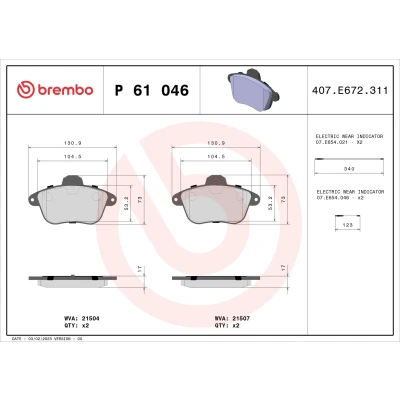 Imagen de BREMBO P 61 046 Juego de pastillas freno con contacto avisador desgaste sin accesorios RENAULT: CLIO 2, CITROËN: XM II Hatchback