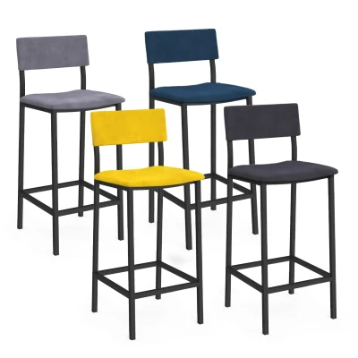Imagen de Lote de 4 taburetes bar AUBIN con respaldo silla cocina mezcla terciopelo color azul, gris claro, oscuro, amarillo