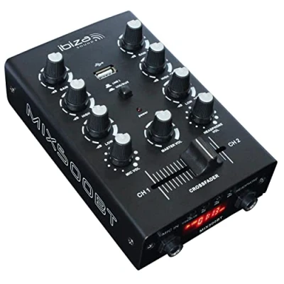 Imagen de Ibiza MIX500BT Mezclador semiprofesional de 2 canales con entradas línea y micrófono salidas auriculares, RCA grabación Bluetooth USB Negro
