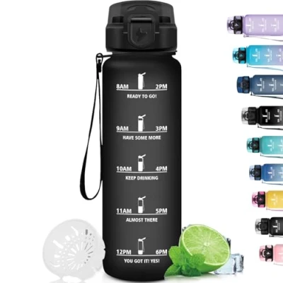 Imagen de Grsta Botella Agua, Agua Gimnasio con Filtro, 1 Litro, Reutilizable Marca de Tiempo, Motivacional, para Deporte, Gimnasio, Correr, Bicicleta, Negro
