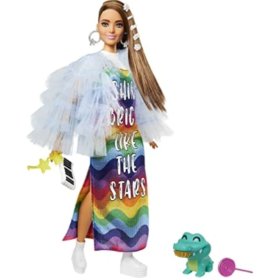 Imagen de Barbie Extra Muñeca Morena articulada con Vestido Arcoiris, Accesorios de Moda y Mascota (Mattel GYJ78)