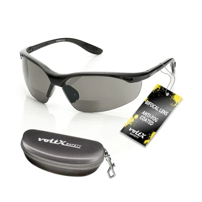 Imagen de voltX &#039;CONSTRUCTOR&#039; (AHUMADO/GRIS dioptría +2.5) Gafas de seguridad Lectura BIFOCALES que cumplen con la certificación CE EN166F / para Ciclismo incluye cuerda + estuche rígido bisagras Reading Safety Glasses
