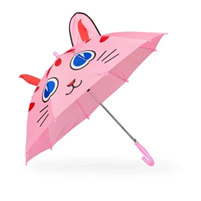 Imagen de Relaxdays Paraguas de Bastón Infantil, Estampado Gato Orejas 3D, Automático, Niños, 78cm Diámetro, Poliéster, Rosa