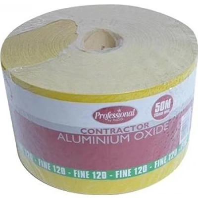 Imagen de ProDec Rollo de 50 m grano 120 grado fino, papel lija abrasivo óxido aluminio amarillo para lijar madera, pintura, yeso, relleno, metal y más, 115 mm ancho, compatible con lijadoras máquina