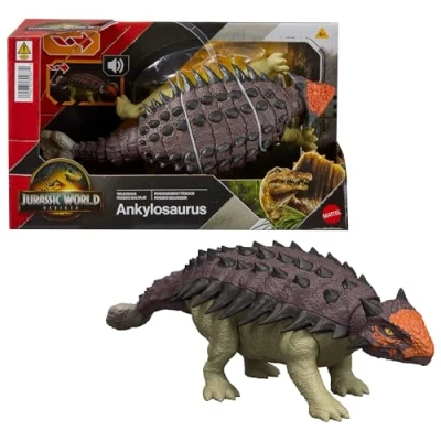 Imagen de Mattel Jurassic World: El Renacer, Anquilosaurio Rugido salvaje juguete de dinosaurio articulado con ataque cabezazo, múltiple y sonido, controlados la cola, juego digital, JGB90