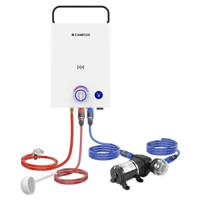 Imagen de CAMPLUX F10 Pro Calentador de Agua a Gas 10 Litros con Bomba &amp; Mango, Butano (28 30mbar) / Propano (37mbar), para Áreas Fuera la Red, First Serie