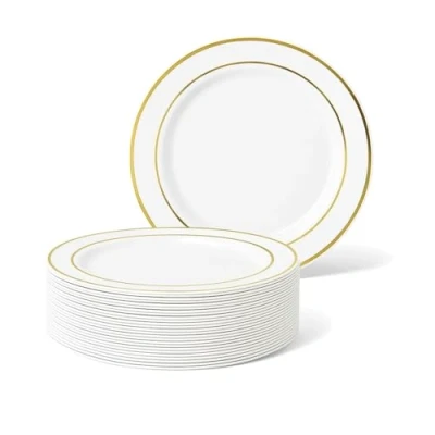 Imagen de MATANA 25 Platos de Postre Plástico Blanco Premium con Borde Dorado, 19cm Elegantes, Resistentes y Reutilizables Pequeños para Bodas, Cumpleaños, Barbacoas, Fiestas