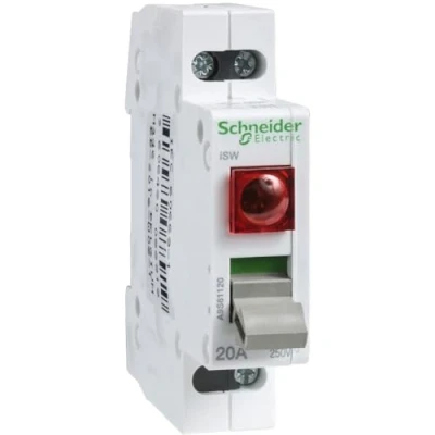 Imagen de Schneider Electric A9S61120 Acti9 iSW Interruptor con Piloto Luminoso, 1 Polo, 20A, 250V, 70mm x 18mm 77mm, Gris