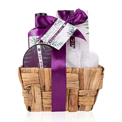 Imagen de Accentra Set de baño Botanic SPA para mujer en una cesta hierbas marina cuidado 4 piezas con gel ducha, sales baño, loción corporal y esponja red regalo