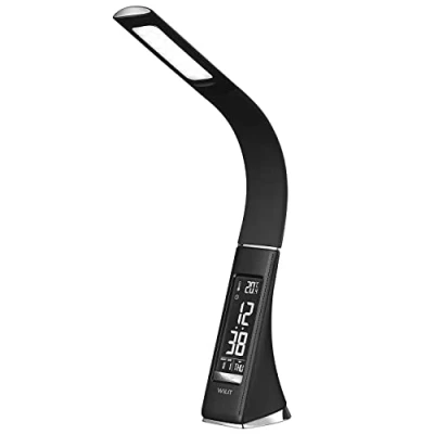 Imagen de WILIT Lampara Led Escritorio, Luz Flexo Escritorio Efecto Cuero, Lámpara Multifuncional de Mesa Tactil con Pantalla Regulable, Despertador, Calendario, Temperatura, 3 Niveles Brillo