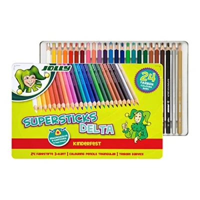 Imagen de JOLLY Superstick lápices de colores DELTA triangulares, 24 colores, 3,8 mm grosor, a prueba roturas, estuche madera reforzado