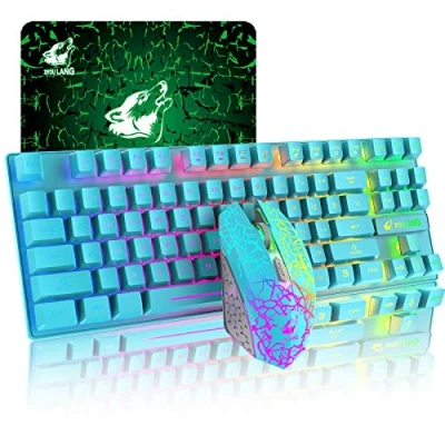 Imagen de 87 llaves Combo de Teclado inalámbrico y ratón Arco iris retroiluminado juego sensación mecánica recargable 2.4G + LED para juegos 2400DPI Alfombrillas (azul)