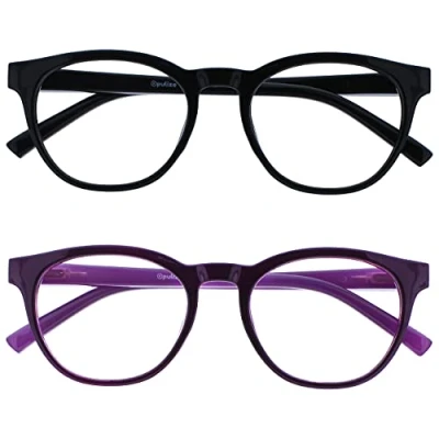 Imagen de OPULIZE Blu Gafas con Bloqueo de Luz Azul Pack 2 Montura Redonda Negra Violeta Oscuro Bisagras Muelle Mejoran el Sueño Ordenador Gaming Antirreflejante Hombre Mujer BB5 15 +0.00