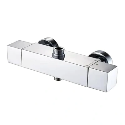 Imagen de AFUDER Grifo de Ducha Termostático 38 ℃ baño negra Top Spray Termostato Inferior G 1/2 &quot;Superior 3/4&quot; BSP 2 Salidas Latón Cromado Cuadrado