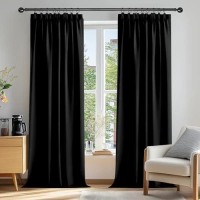 Imagen de Deconovo Cortinas Fruncidas Termicas Aislantes Dormitorio Decoración Ventanas para Habitacion Moderna con Bolsillos 2 Piezas 117 x 229 cm Negro