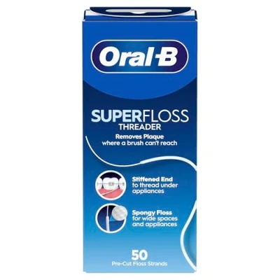 Imagen de Oral B Hilo dental Superfloss Pack de 2 Ideal para aparatos ortopédicos, puentes e implantes Hilos prefabricados una fácil aplicación zonas difícil acceso