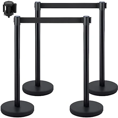 Imagen de VEVOR Postes Separadores 4 piezas Altura 90 cm Negros con Cinta Extensible de 2 m Negra Conexión Vías 22 kg Barrera Control Multitudes Retráctiles Base Estable, Negro
